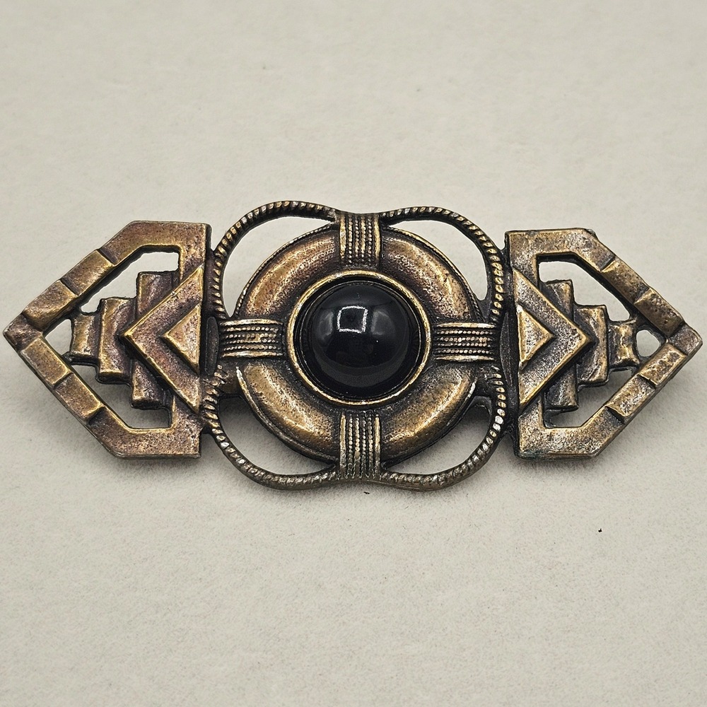 Art Deco Style Brooch Glass Cabochon Black Bronze‎ Tone 2.75" Pin Geometric
